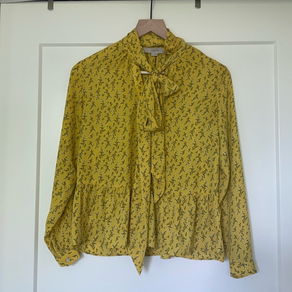 Loft Yellow Floral Blouse with Bow Tie